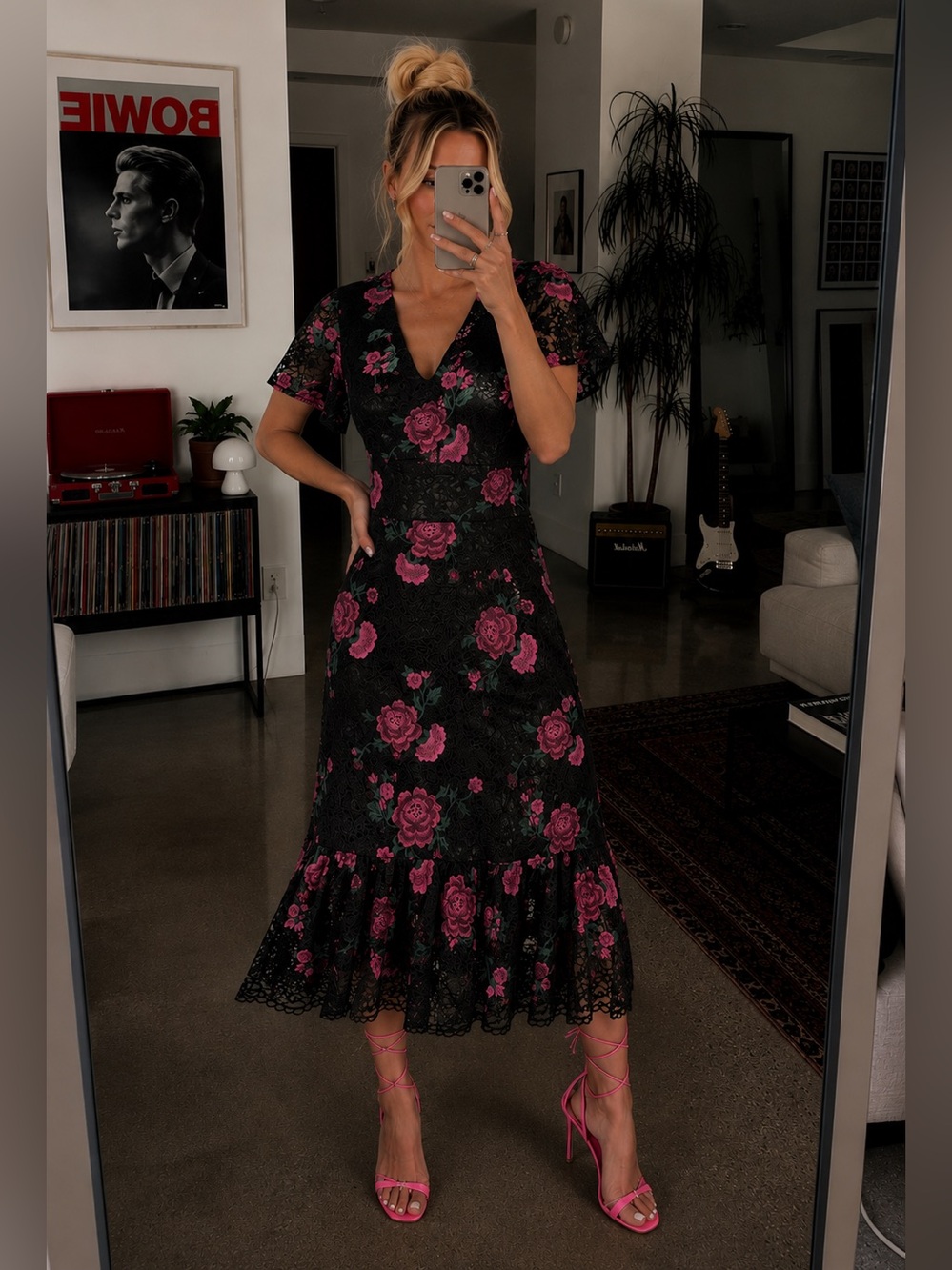 Shoshanna Audette Rose Embroidered Lace Midi Dress Black Pink Floral 10 New NWT